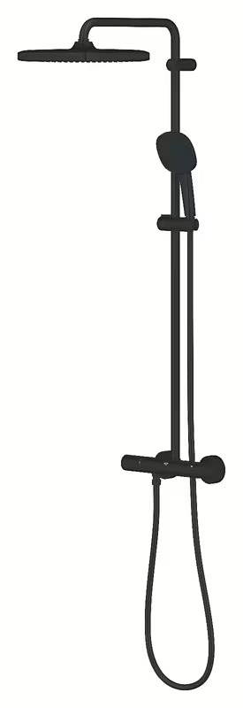 Matinės juodos spalvos dušo sistema Grohe Tempesta System Cube su termostatiniu maišytuvu, su viršutiniu ir rankiniu dušu