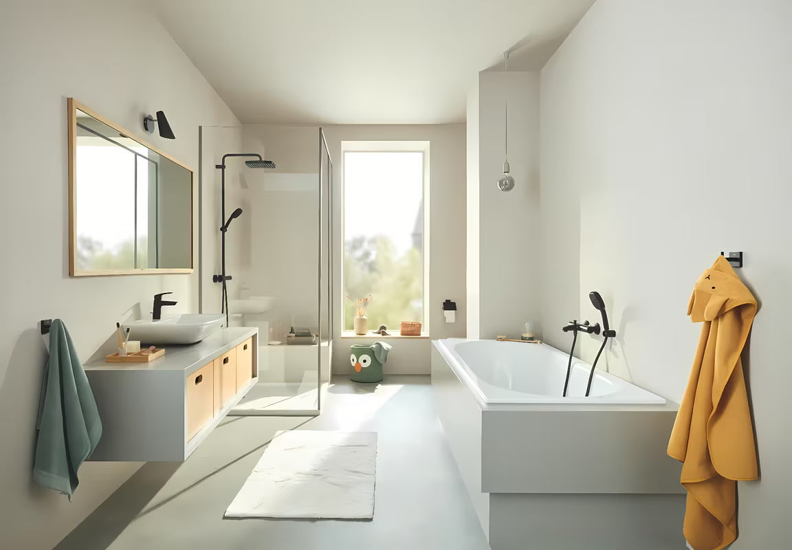 Matinės juodos spalvos dušo sistema Grohe Tempesta System Cube su termostatiniu maišytuvu, su viršutiniu ir rankiniu dušu