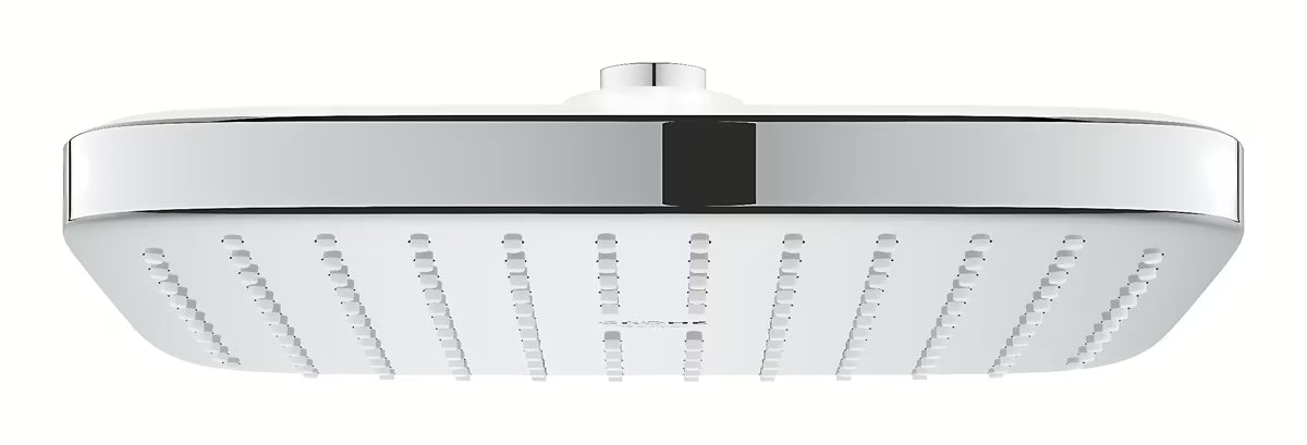 Kvadratinė viršutinis dušas Grohe Vitalio Comfort 250 Cube, chromo spalvos, su Rain srove ir baltu galiniu dangteliu.