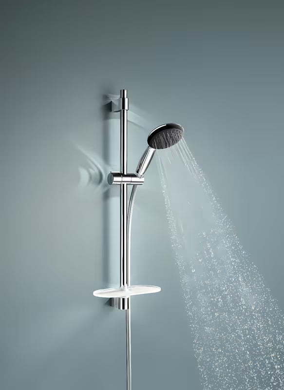 Chromo spalvos dušo komplektas Grohe Vitalio Start su rankiniu dušu, dušo stovu, žarna ir lentynėle