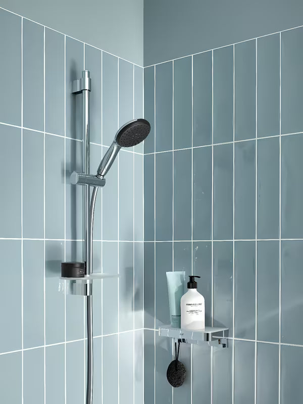Chromo spalvos dušo komplektas Grohe Vitalio Start su rankiniu dušu, dušo stovu, žarna ir lentynėle
