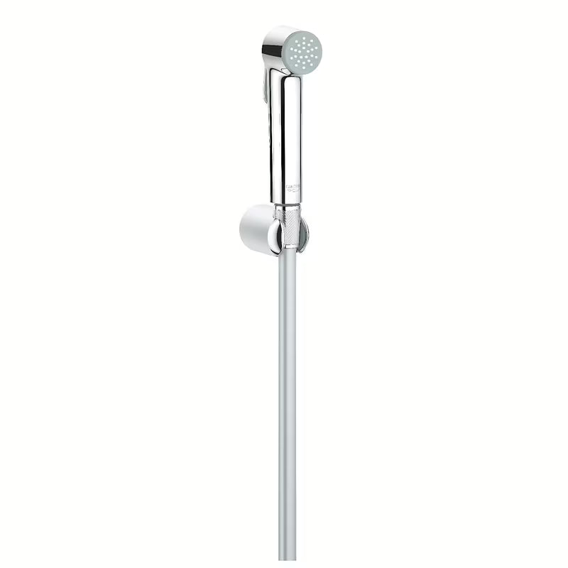Chromo spalvos bidė dušelis Grohe Vitalio Trigger Spray su paleidimo mygtuku ir sieniniu laikikliu.