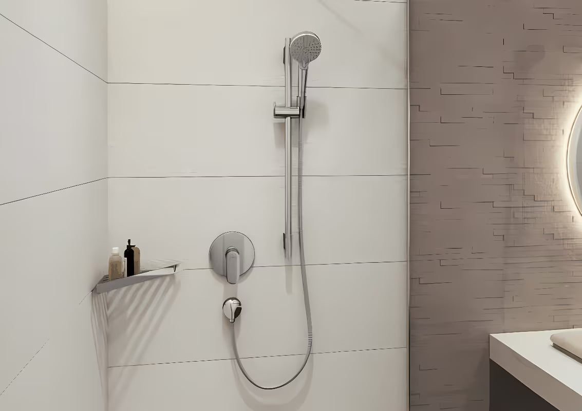 Chromuota kampinė lentyna hansgrohe addstoris iš nerūdijančiojo plieno pro montuojama ant sienos į dušai