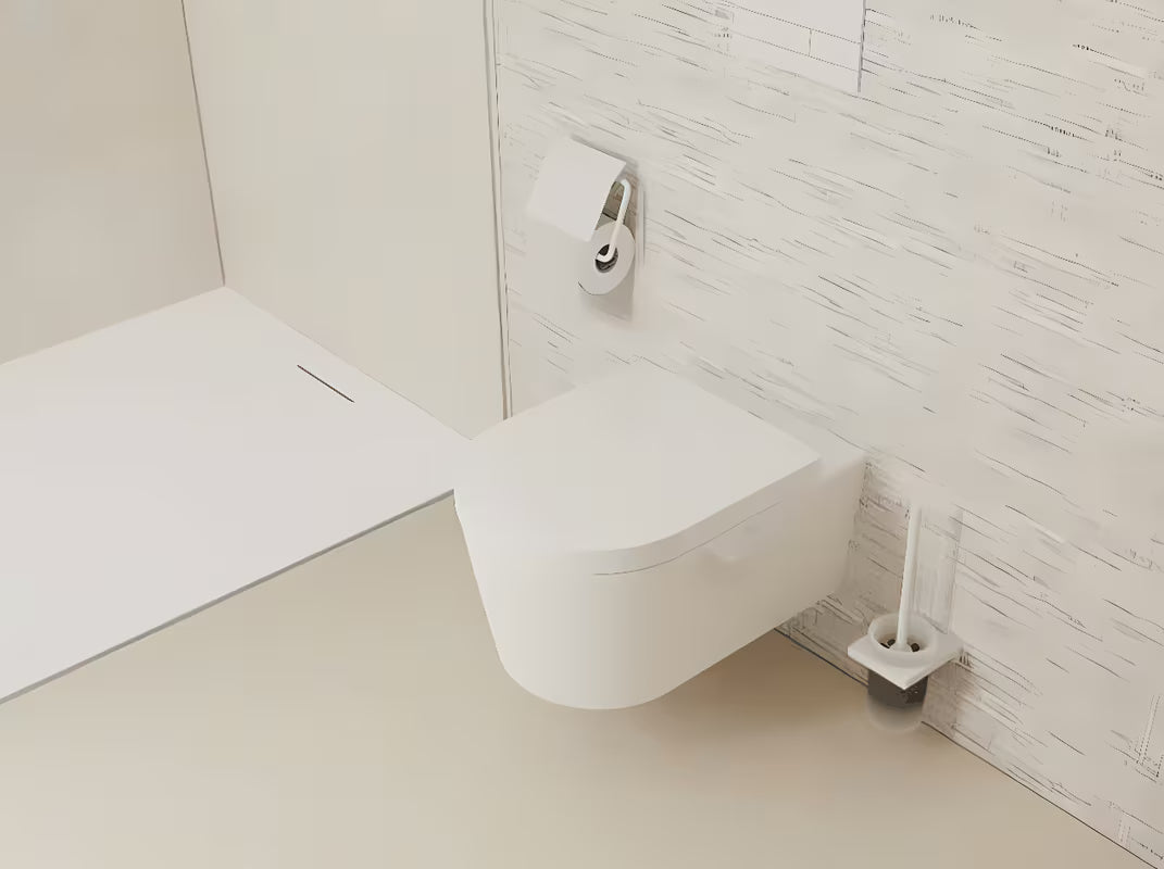 Sieninė WC šepetys hansgrohe addstoris matinės baltos spalvos su laikikliu iš metalo su stikliniu indu.