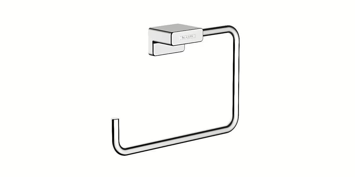 Chromuotas rankšluosčio žiedas Hansgrohe addstoris su atvira puse pro patogiam pakabinimui.