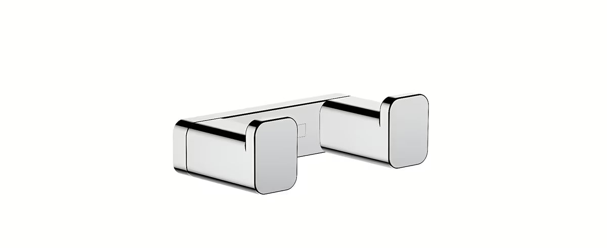 Chromuotas dvigubas kabliukas hansgrohe addstoris pro rankšluosčiams arba chalatui kabinti ant sienos.