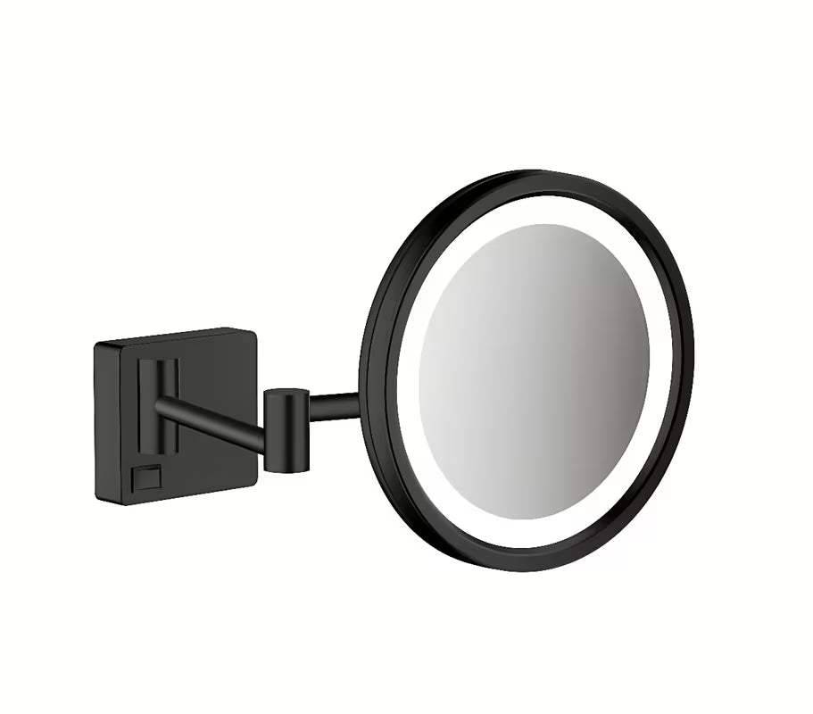 Atlenkiamos kosmetinis veidrodėlis Hansgrohe addstoris matinės juodos spalvos su LED apšvietimu, montuojamas ant sienos.