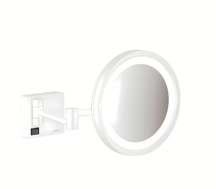 Hansgrohe addstoris atlenkiamos kosmetinis veidrodėlis su LED apšvietimu matinės baltos spalvos, montuojamas ant sienos.