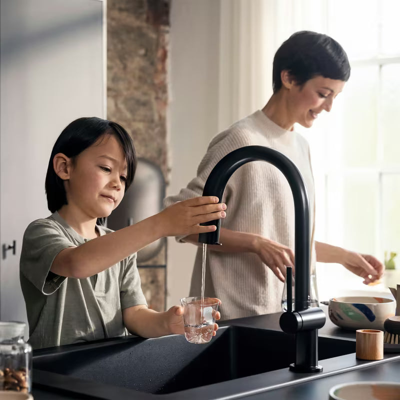 Hansgrohe Aqittura virtuvinis maišytuvas matinės juodos spalvos, su ištraukiamu snapu ir mygtuku pro filtruotam vandeniui