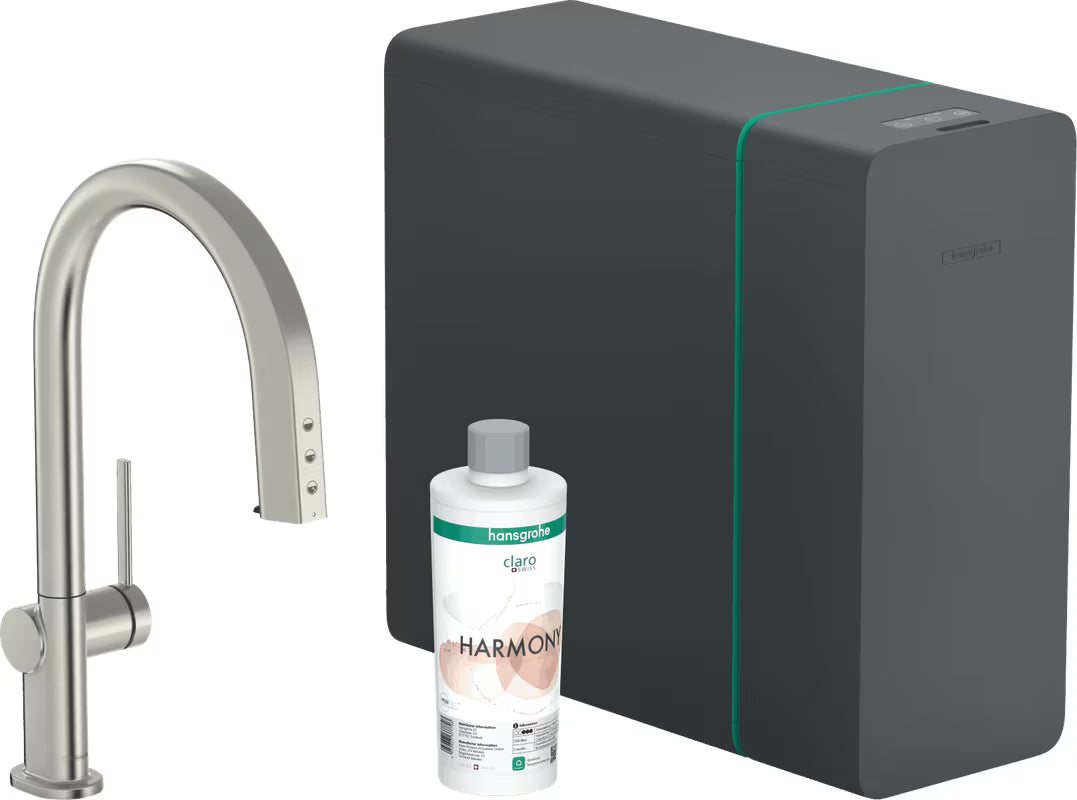 Nerūdijančio plieno virtuvinis maišytuvas Hansgrohe Aqittura su filtru ir gazuoto vandens pasirinkimu mygtuku Select