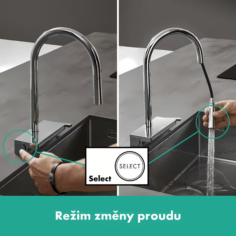 Chromuotas virtuvinis maišytuvas Hansgrohe Aquno su ištraukiamu dušeliu su Select srovės perjungimu