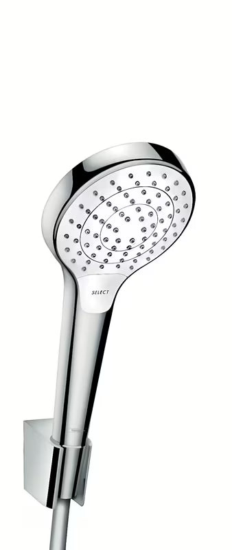 Hansgrohe Croma Select rankinio dušo komplektas baltos ir chromo spalvos su 110 mm rankiniu dušeliu ir Select mygtuku