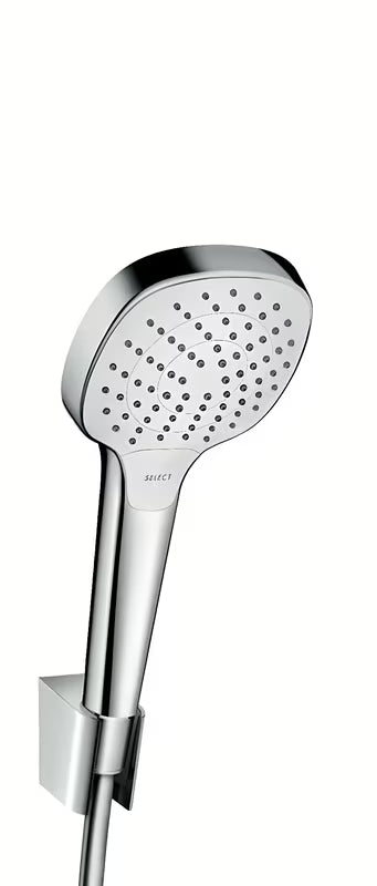 Hansgrohe Croma Select rankinio dušo komplektas baltos ir chromo spalvos, su 110 mm rankiniu dušu ir Select mygtuku