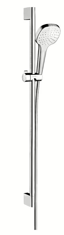 Hansgrohe Croma Select E dušo komplektas baltos ir chromo spalvos su Rain rankiniu dušu ir Unica stovu