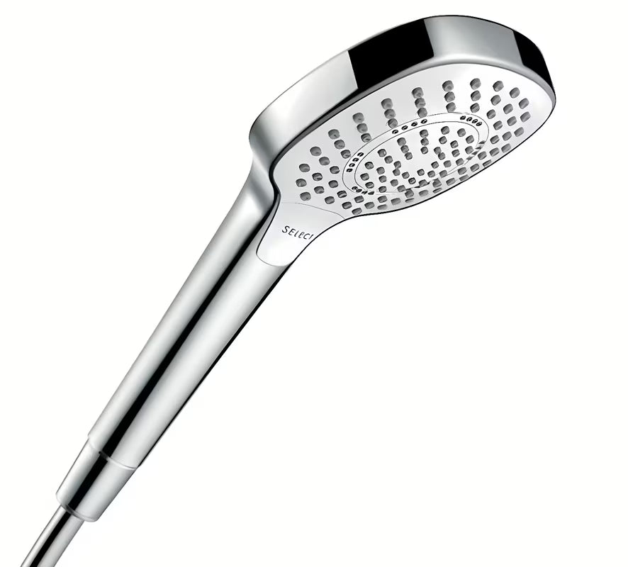 Rankinis dušelis Hansgrohe Croma Select E baltos/chromo spalvos su mygtuku Select, 110 mm skersmens