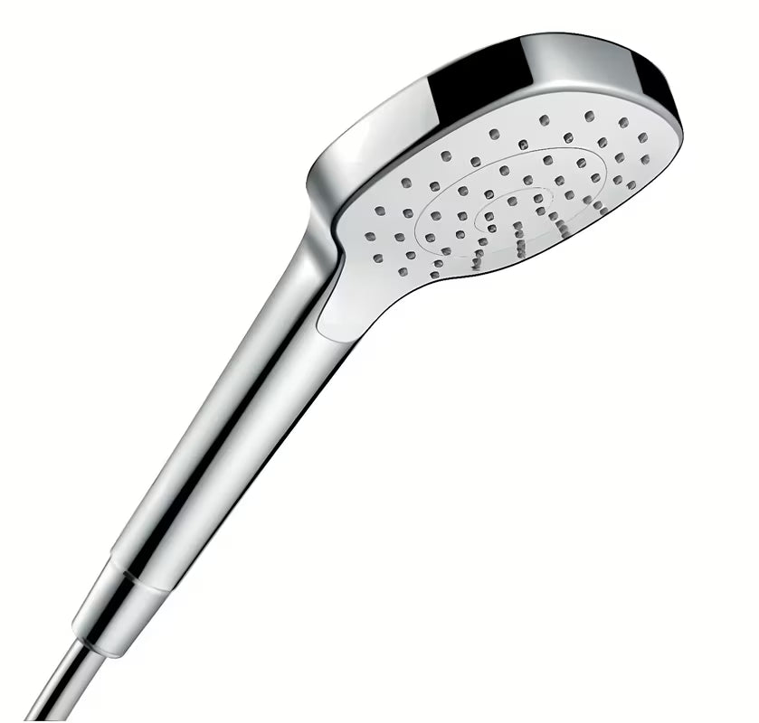 Rankinis dušelis Hansgrohe Croma Select E baltos ir chromo spalvos, su Rain srove, 110 mm skersmens.