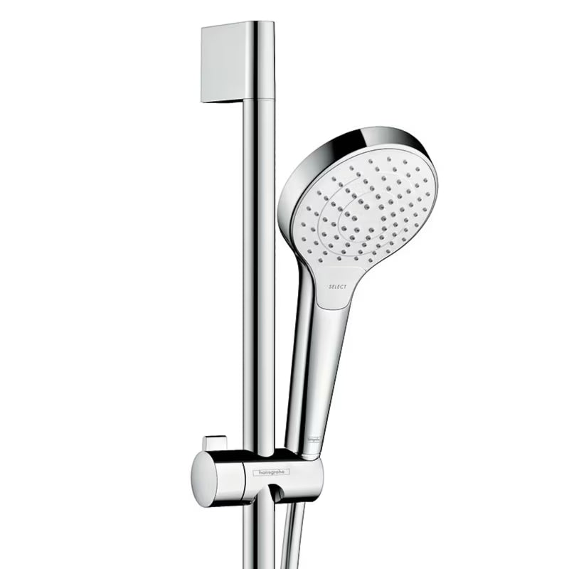 Dušo komplektas Hansgrohe Croma Select S baltos ir chromo spalvos, su 3jet rankiniu dušu, Unica stovu ir 1,60 m žarna.