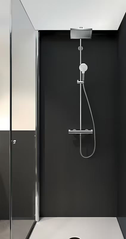Hansgrohe Crometta E dušo sistema su termostatiniu maišytuvu chromo spalvos, su viršutiniu ir rankiniu dušu
