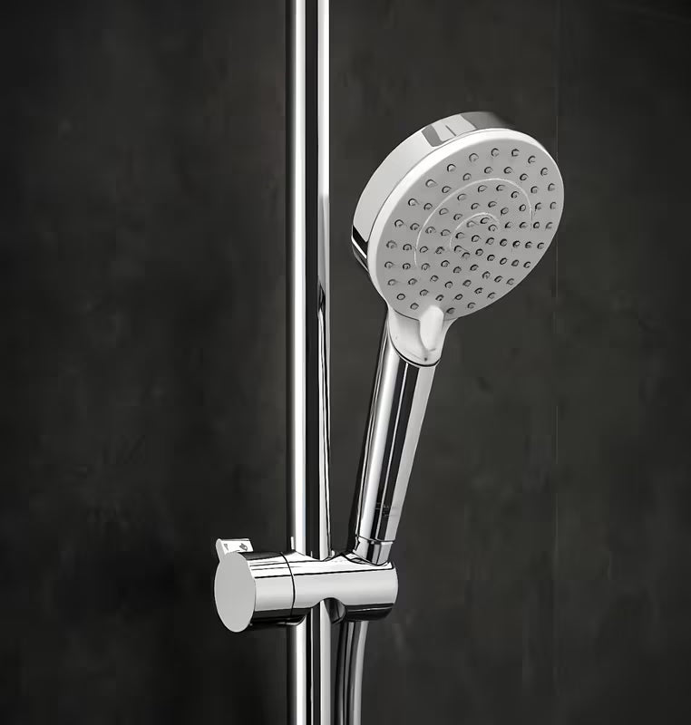 Hansgrohe Crometta E dušo sistema su termostatiniu maišytuvu chromo spalvos, su viršutiniu ir rankiniu dušu