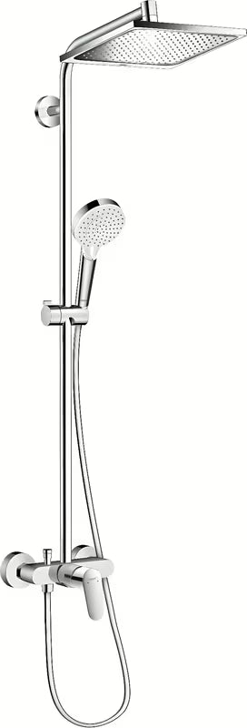Hansgrohe Crometta E dušo sistema chromo spalvos su 240x240 mm viršutiniu dušu ir rankiniu dušu