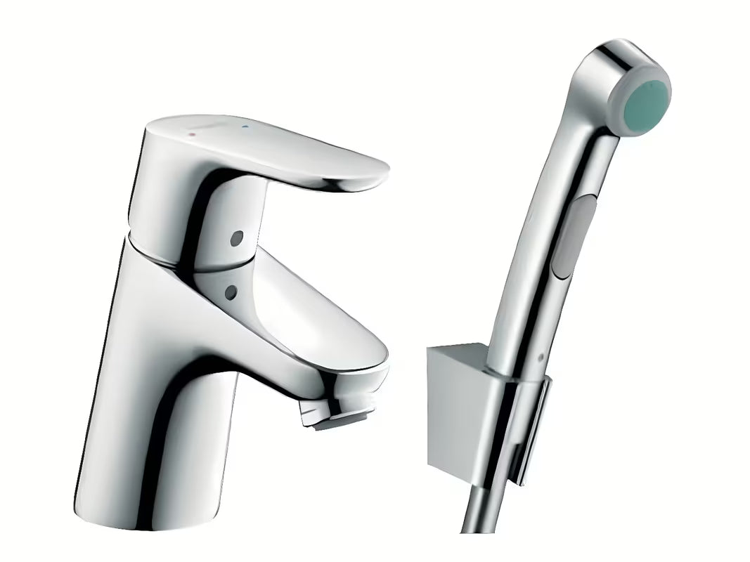 Chromuotas svirtinis praustuvo maišytuvas Hansgrohe Focus su bidė dušeliu Bidette ir dušo žarna