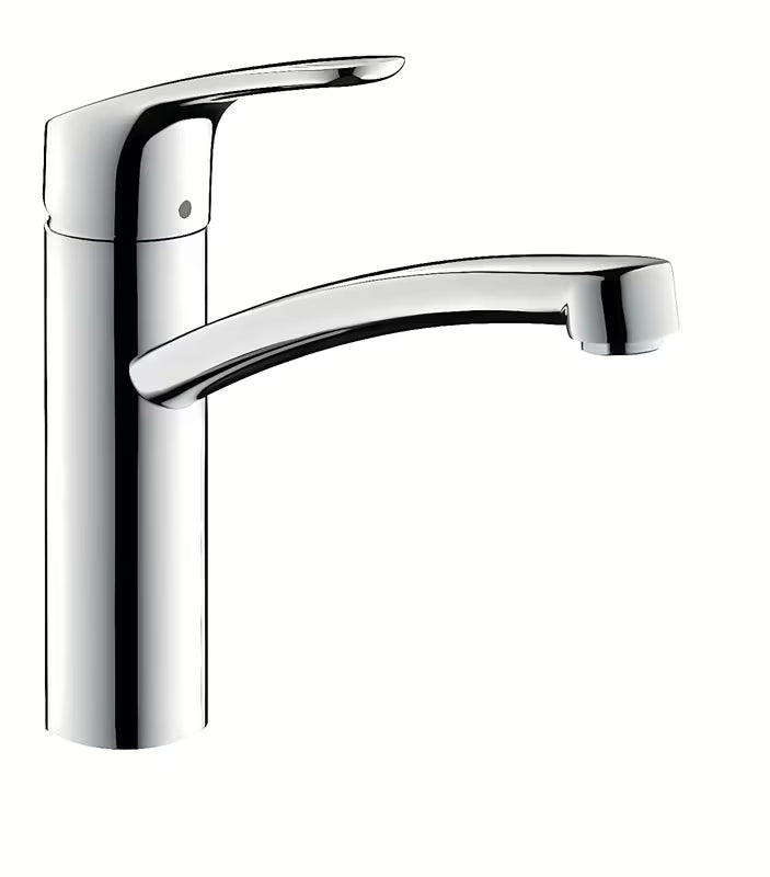 Hansgrohe Focus M41 žemo slėgio svirtinis virtuvinis maišytuvas su pasukamu chromuotu snapu.