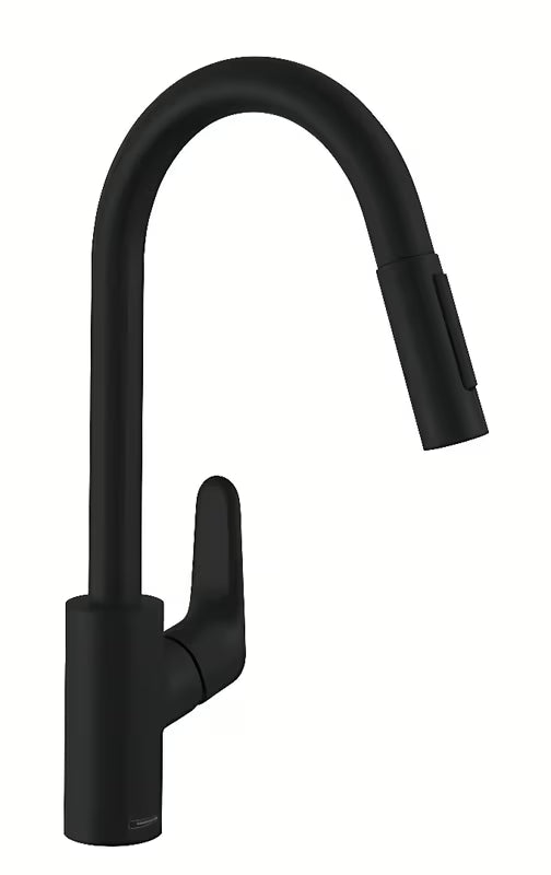Matinės juodos spalvos virtuvinis maišytuvas Hansgrohe Focus M41 su aukštu snapu ir ištraukiama žarnele.