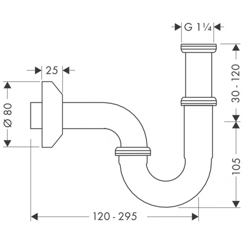 Chrominis vamzdinis praustuvo sifonas Hansgrohe su paprastu montavimu ir G 1¼ jungtimi.