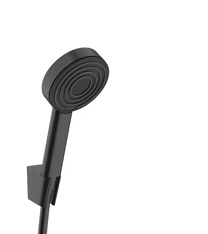Hansgrohe Pulsify rankinio dušo komplektas matinės juodos spalvos su 105 mm rankiniu dušu, 1,25 m žarna ir laikikliu
