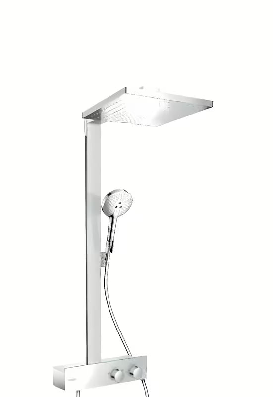 Hansgrohe Raindance E dušo sistema su termostatu, chromo spalvos, su 300 × 300 mm viršutiniu dušu ir rankiniu dušu