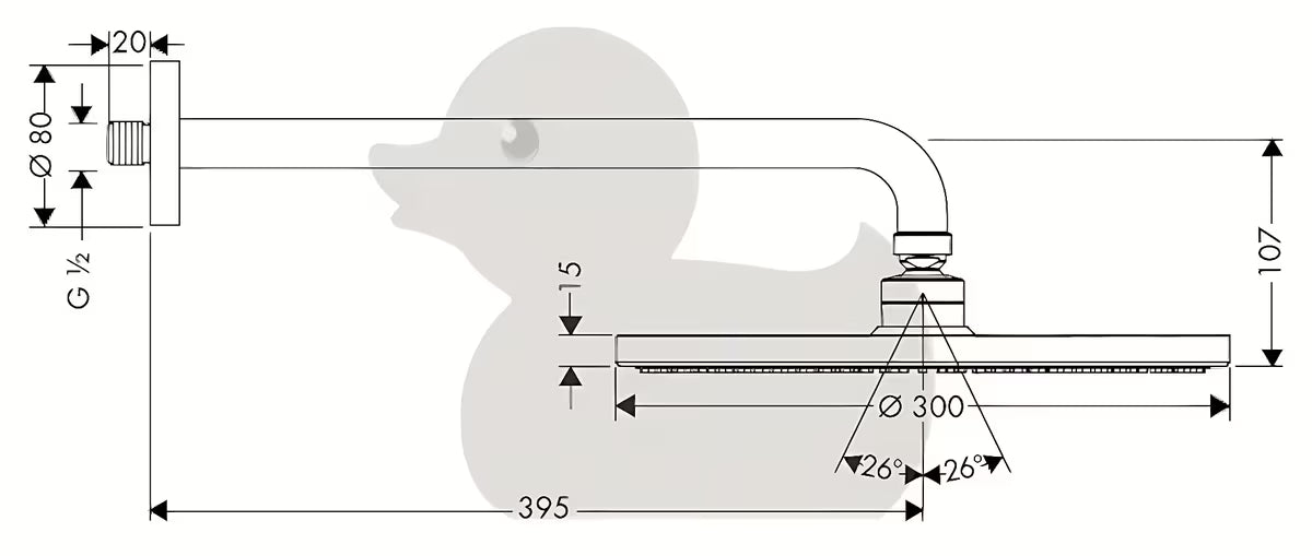 Chromo spalvos viršutinis dušas Hansgrohe Raindance S 300 mm su dušo galvos alkūnė pro, montuojama ant sienos.