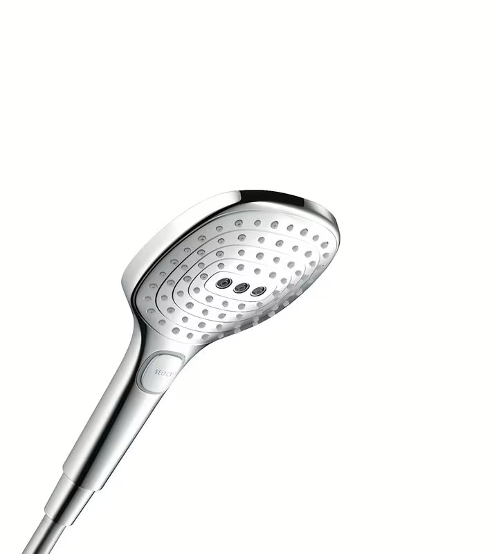 Chromo spalvos rankinė dušo galvutė Hansgrohe Raindance Select E 120 su 3 srovėmis ir Select mygtuku