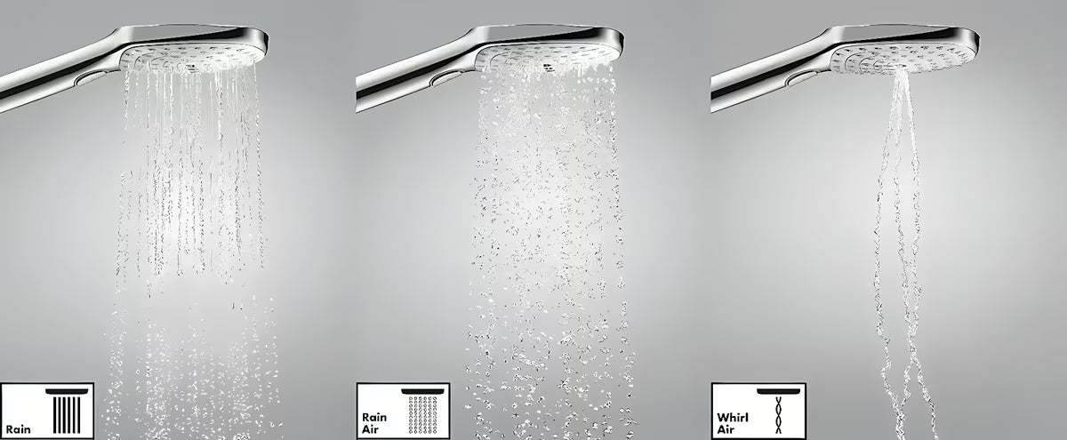 Chromo spalvos rankinė dušo galvutė Hansgrohe Raindance Select E 120 su 3 srovėmis ir Select mygtuku