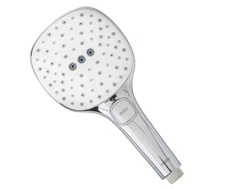 Rankinis dušas Hansgrohe Raindance Select E baltos / chromo spalvos su mygtuku Select, su 3 srovėmis
