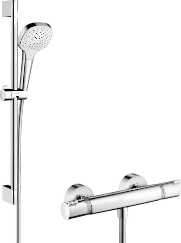 Hansgrohe Raindance Select E dušo sistema su termostatu, baltos ir chromo spalvos, su 110 mm rankiniu dušu
