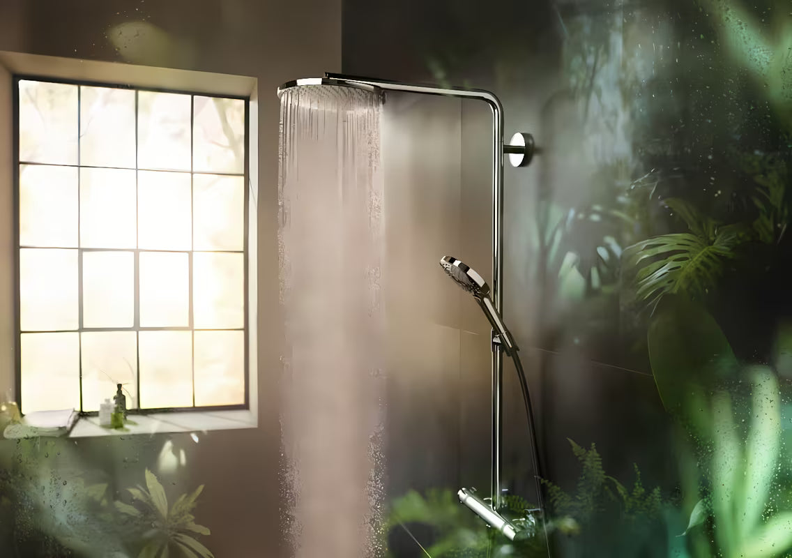 Hansgrohe Raindance Select S dušo sistema su termostatiniu maišytuvu chromo spalvos su viršutiniu ir rankiniu dušu