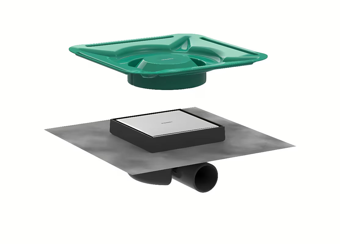 Grindų trapas Hansgrohe raindrain Spot su kvadratinėmis nerūdijančio plieno grotelėmis 15 x 15 cm, šlifuoto plieno išvaizdos.