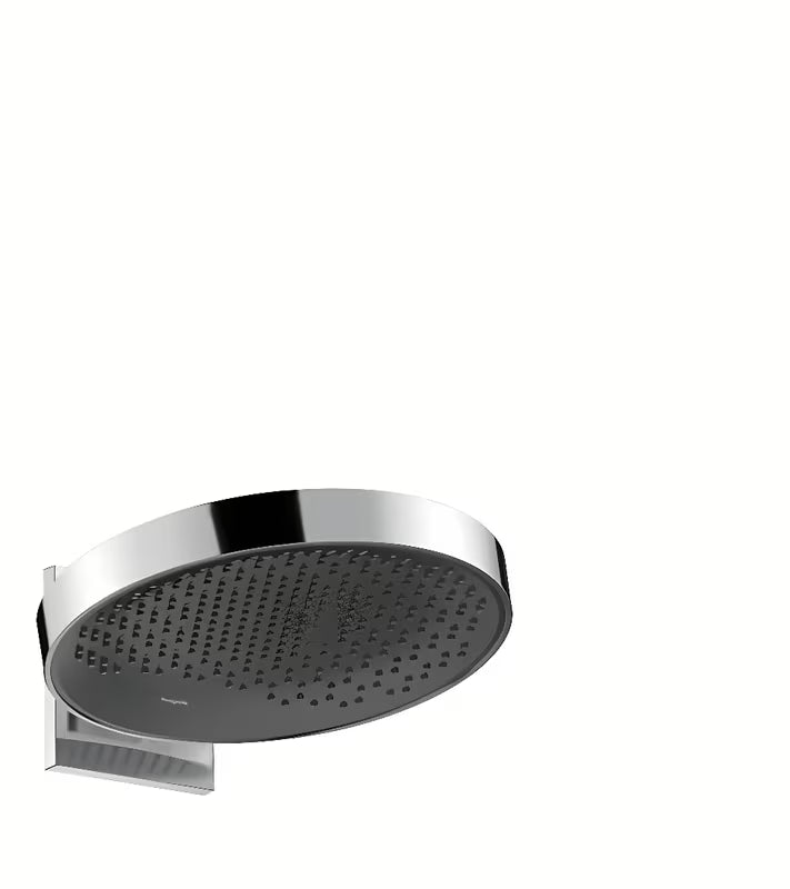 Viršutinis dušas Hansgrohe Rainfinity 360, chromo spalvos, su antracito spalvos dušo disku ir PowderRain srove.