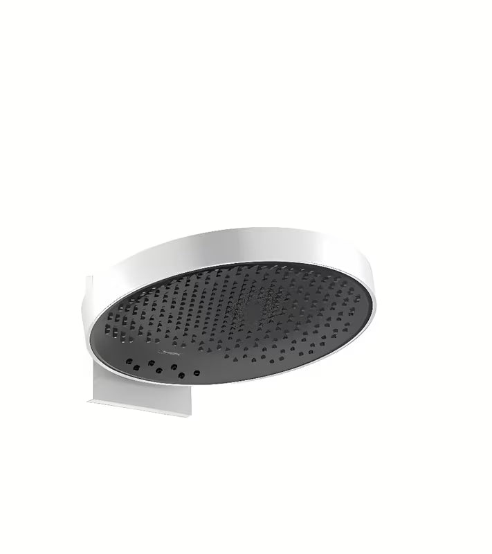 Balta viršutinis dušas Hansgrohe Rainfinity 360 su sienine jungtimi ir antracito spalvos dušo disku