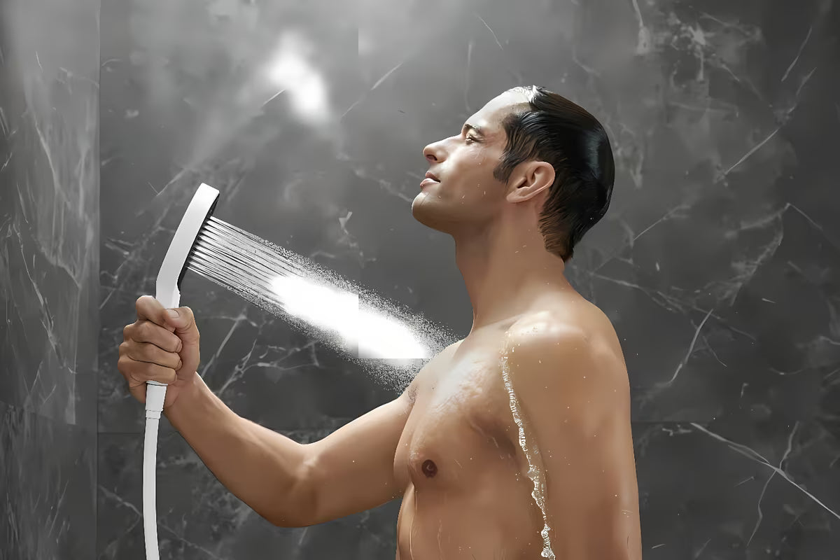 Rankinis dušas Hansgrohe Rainfinity 130 3jet matinės baltos spalvos su antracitine dušo galvutės plokštele