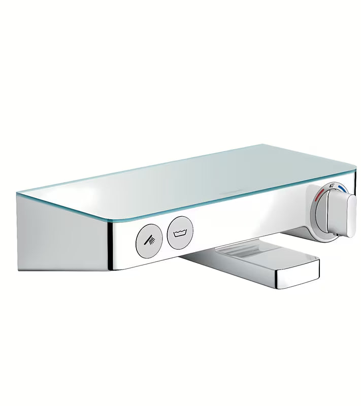 Hansgrohe showertablet Select 300 termostatinė vonios maišytuvas baltos ir chromo spalvos su stikline lentynėle