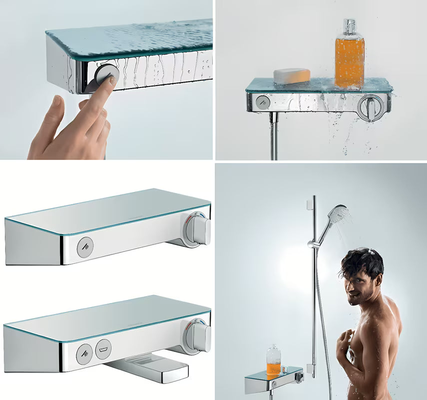 Hansgrohe showertablet Select 300 termostatinė vonios maišytuvas baltos ir chromo spalvos su stikline lentynėle