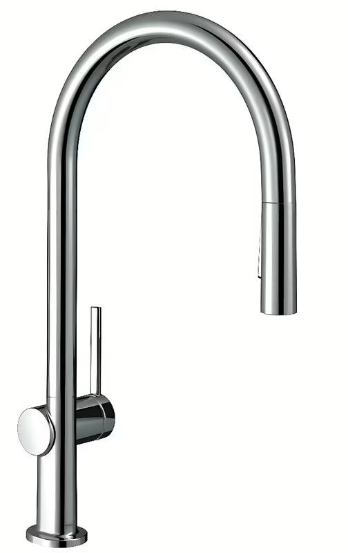Chromo spalvos svirtinis virtuvinis maišytuvas Hansgrohe Talis s su aukštu lenktu snapu ir ištraukiamu dušeliu