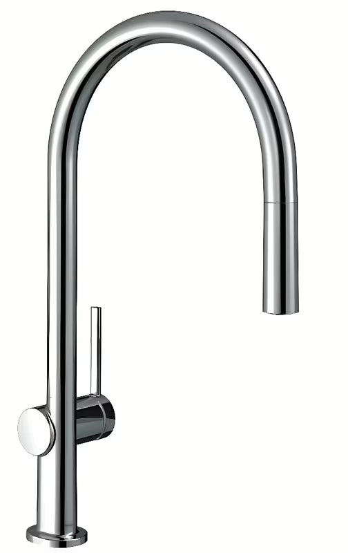 Chromuotas virtuvinis maišytuvas Hansgrohe Talis s su aukštu lenktu snapu ir ištraukiama dušeline galvute