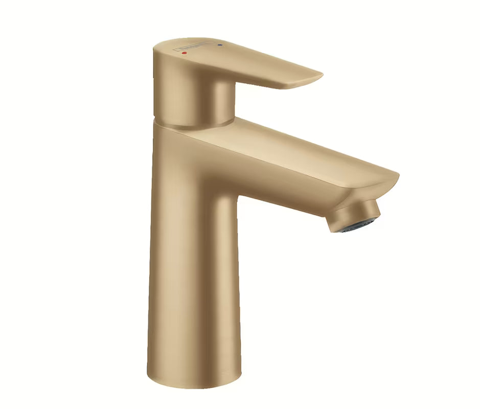 Praustuvo svirtinis maišytuvas Hansgrohe Talis E su praustuvo dugno vožtuvas šlifuoto bronzos atspalvio.