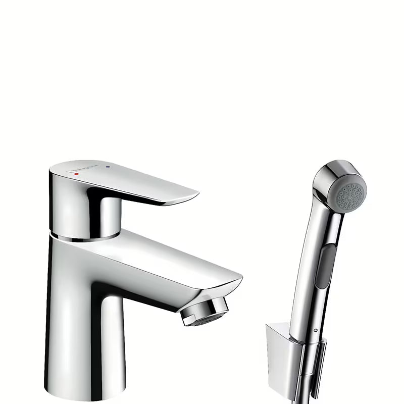 Chrominis svirtinis praustuvo maišytuvas Hansgrohe Talis E su bidė dušeliu ir Push-Open dugno vožtuvu.