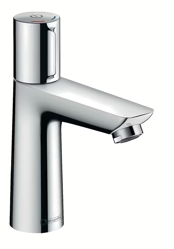 Chrominis praustuvo maišytuvas Hansgrohe Talis Select E su mygtuku Select, modernaus kampuoto dizaino.