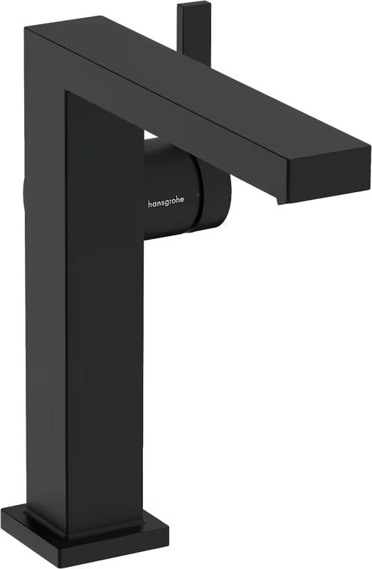 Matinės juodos spalvos svirtinis praustuvo maišytuvas Hansgrohe Tecturis E su šonine rankenėle ir kampuotu dizainu.