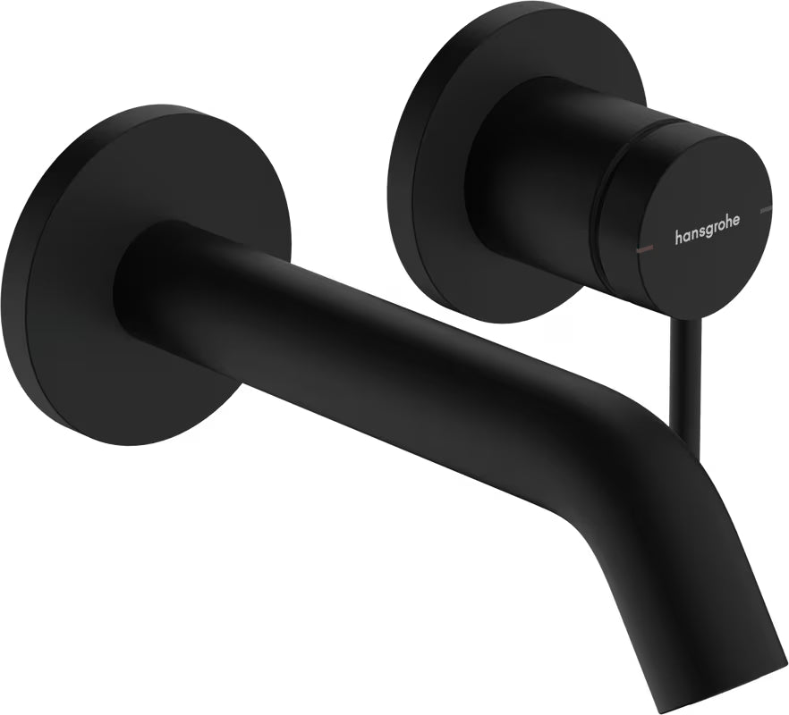 Potinkinė praustuvo maišytuvas Hansgrohe Tecturis S matinės juodos spalvos, pro montuojamas ant sienos.