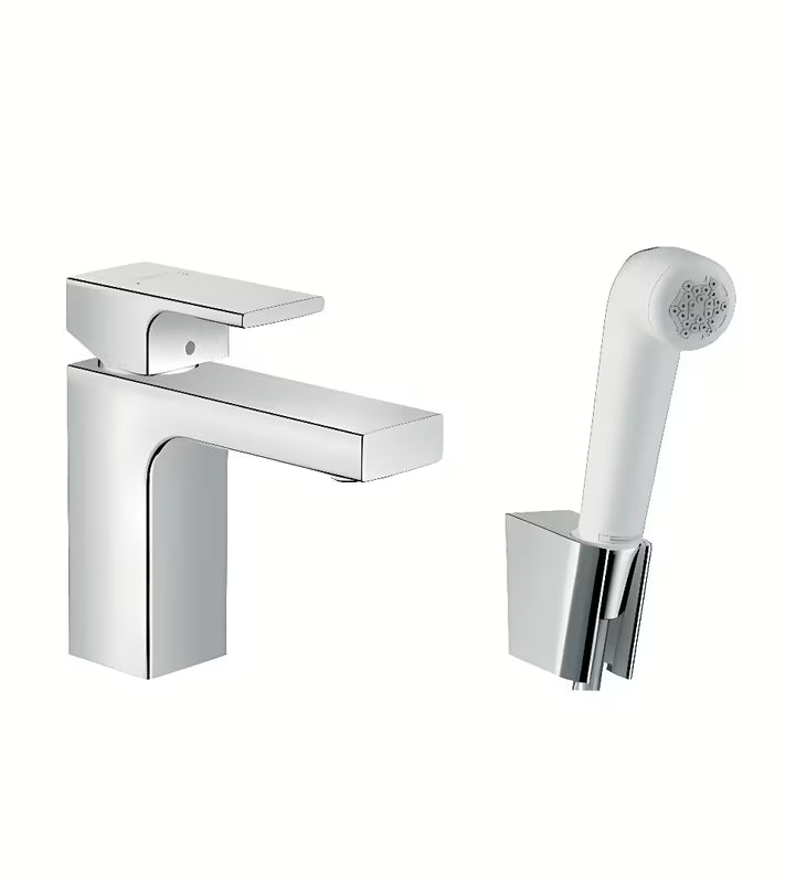 Hansgrohe Vernis Shape svirtinis praustuvo maišytuvas chromo spalvos su bidė dušeliu ir su dušo žarna